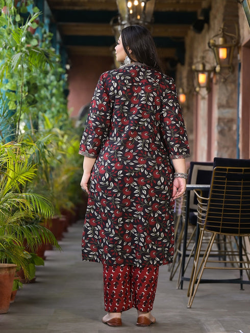 Women Plus Size Black Pure Cotton Kurta Set With Dupatta
